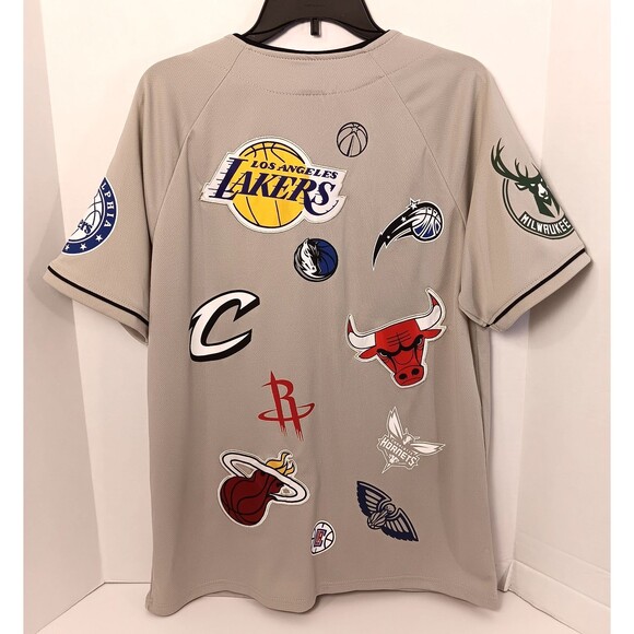 Vtg NBA Jersey Shirt Men M Tan All Over Print Patchwork Lakers Bulls Knicks Heat - Picture 6 of 11